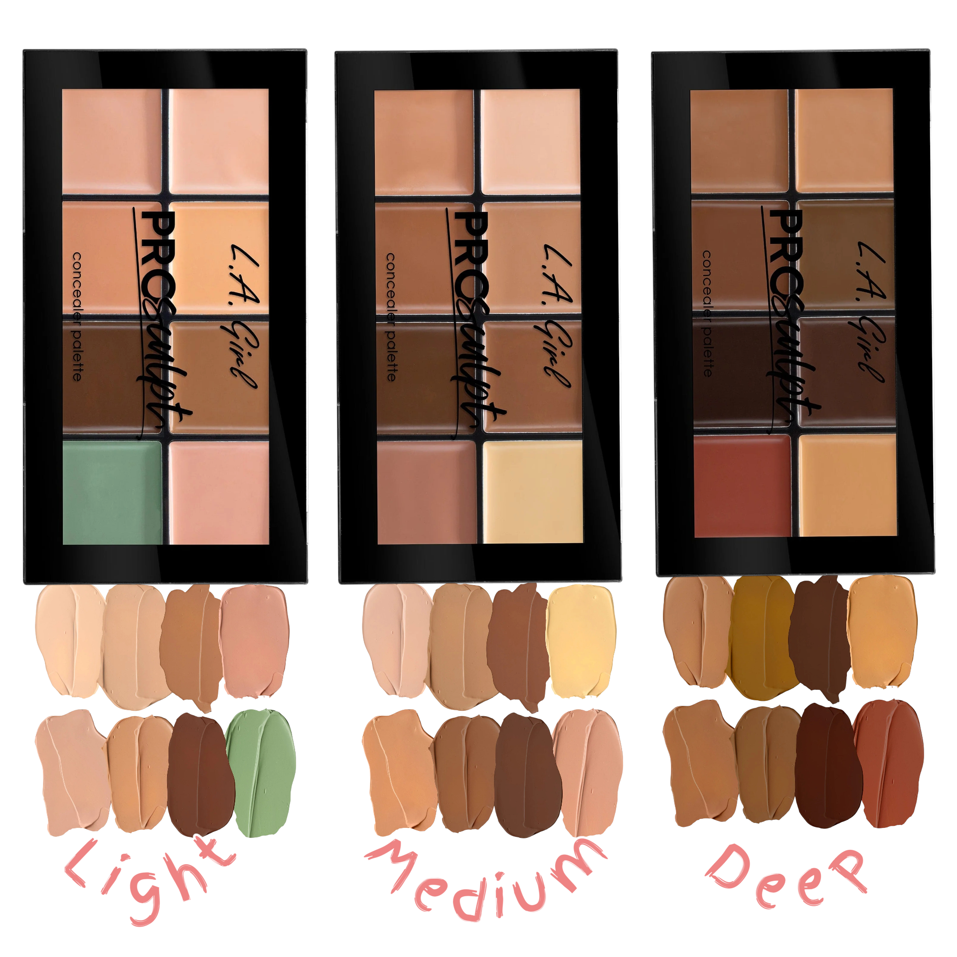 Three LA Girl Pro Conceal makeup palettes with color swatches below.