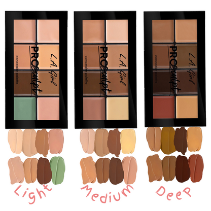 Three LA Girl Pro Conceal makeup palettes with color swatches below.