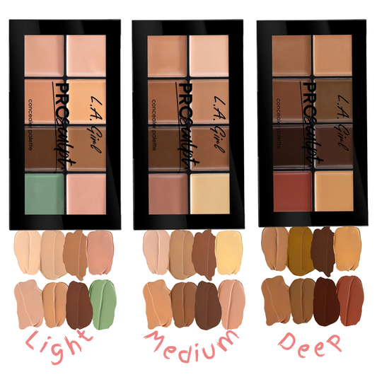 Three LA Girl Pro Conceal makeup palettes with color swatches below.