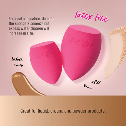 Two pink makeup sponges with 'L.A. Girl' branding on a beige background, showing before and after text.