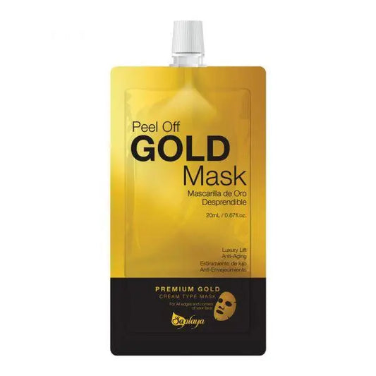 Gold peel-off mask packaging with text on a white background