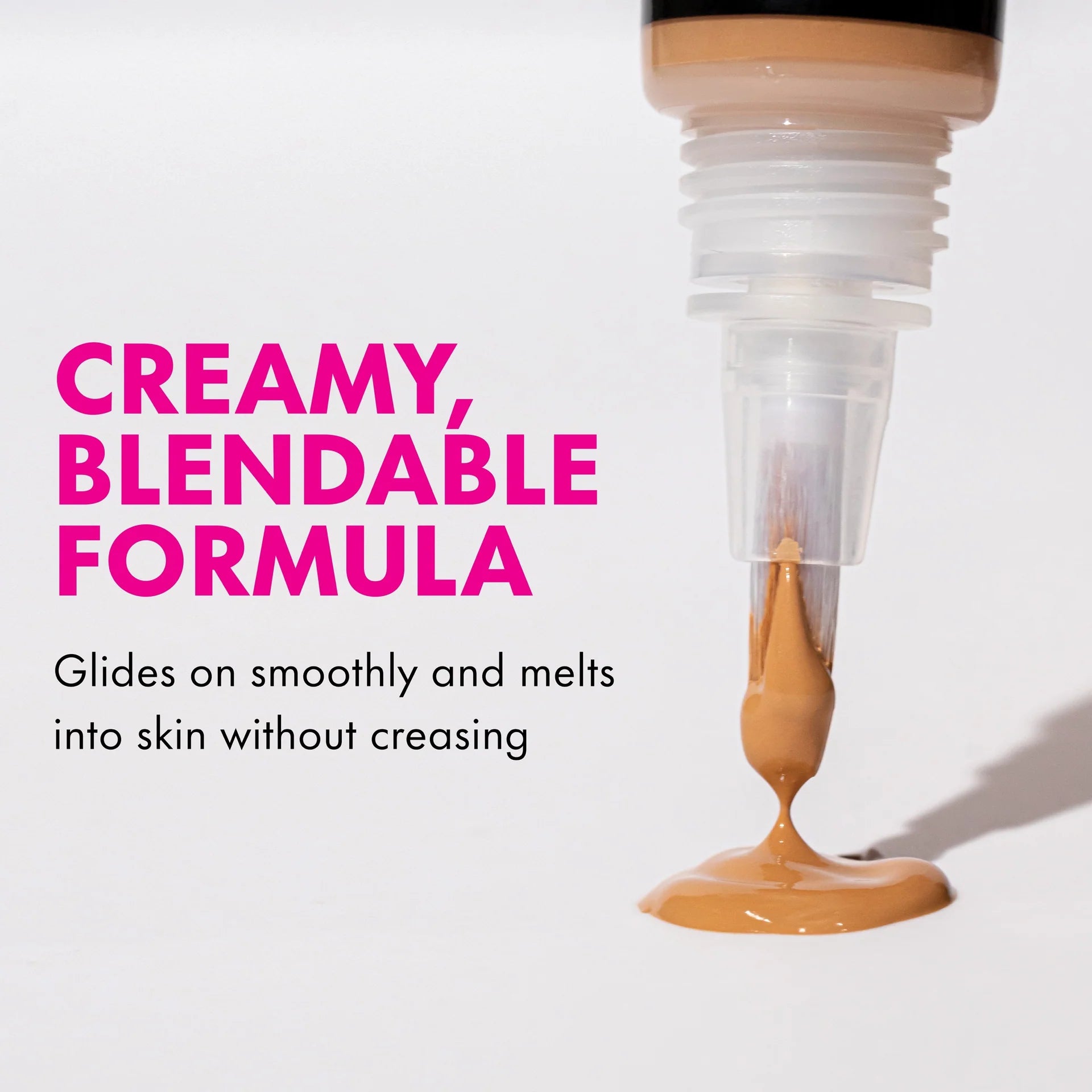 Cosmetic product with a brush and text highlighting 'Creamy, Blendable Formula' on a white background.