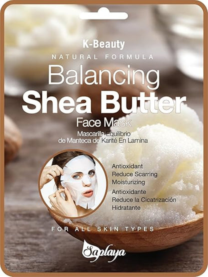 saplaya K-Beauty balancing shea butter face mask packaging with natural ingredients.