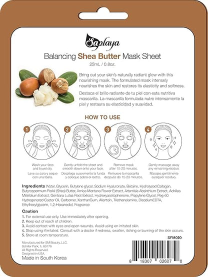 Saplaya Balancing Shea Butter Mask Sheet packaging with instructions and ingredients list.