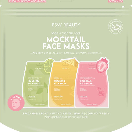 ESW Beauty Mocktail Face Masks packaging with three masks shown on a light green background.