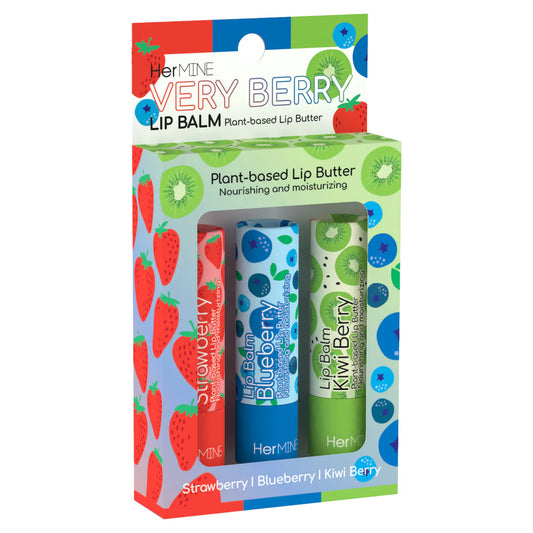 HerMINE Very Berry lip balm packaging with strawberry, blueberry, and kiwi berry designs.